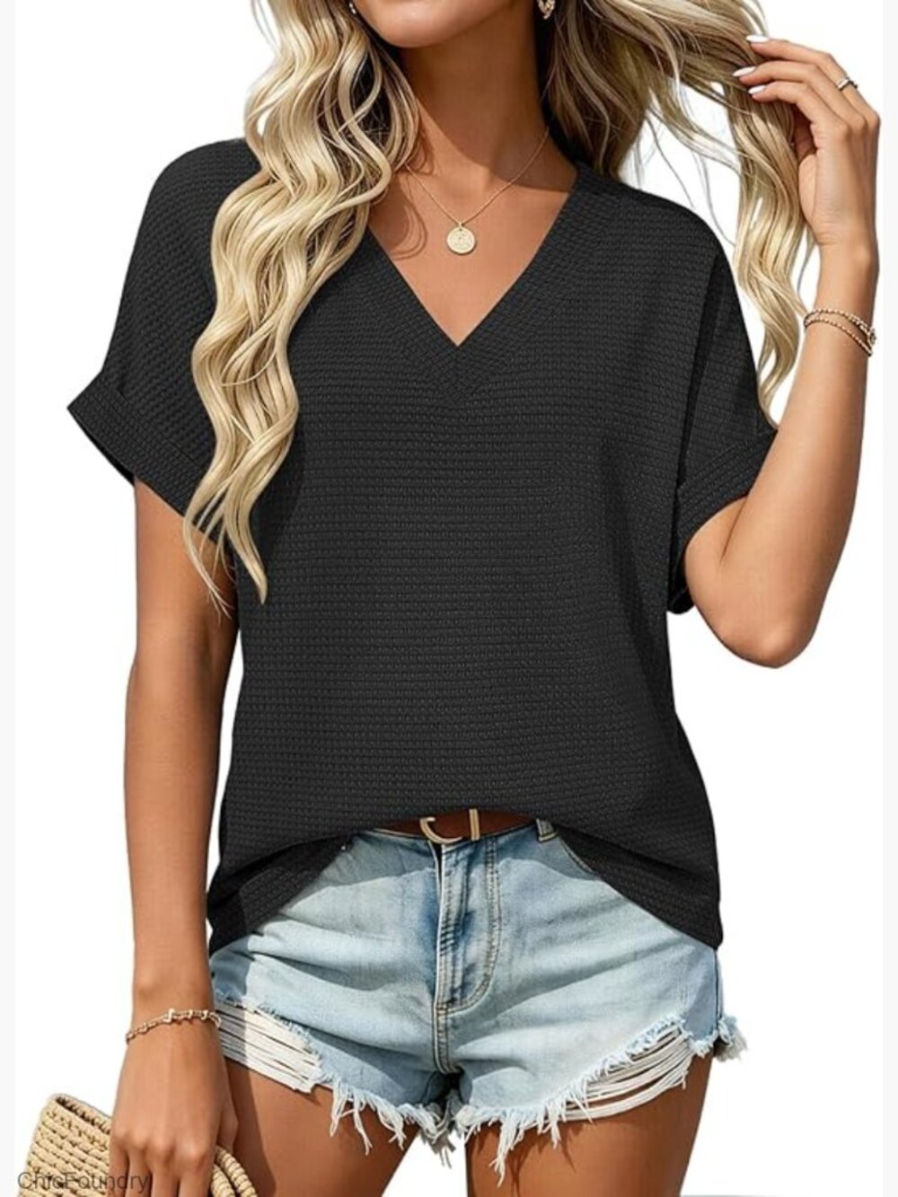 Women's V-Neck Waffle Knit Tunic Top Short Sleeve Summer Casual Beach Cover Up